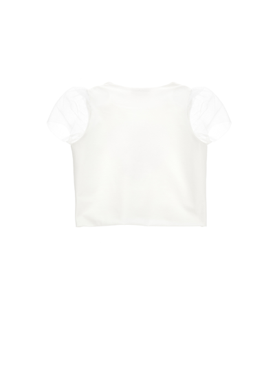 Monnalisa Organic Cotton T-shirt With Tulle Sleeves In Cream + Wisteria
