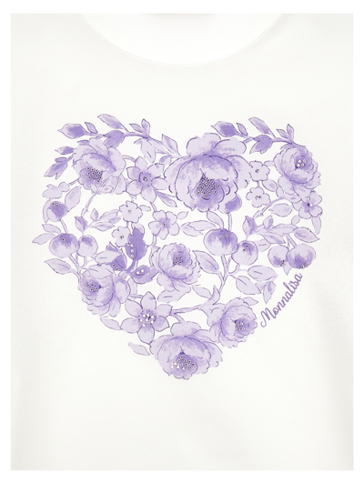 Monnalisa Organic Cotton T-shirt With Tulle Sleeves In Cream + Wisteria