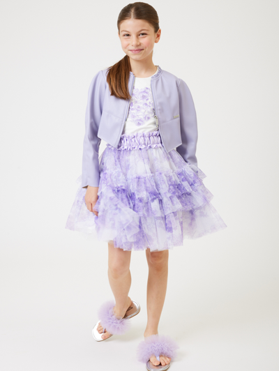 Monnalisa Organic Cotton T-shirt With Tulle Sleeves In Cream + Wisteria