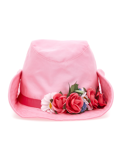 Monnalisa Gabardine Hat With Flowers And Studs In Rosa Fairy Tale