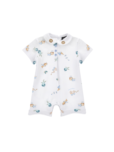 Monnalisa Cotton Romper With Collar In White + Cloud