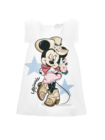 Monnalisa Kids' X Disney Minnie Mouse-print Dress In White + Rosa Fairytale