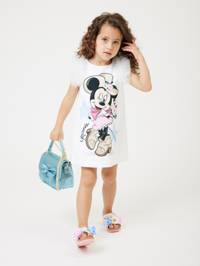 Monnalisa Kids' X Disney Minnie Mouse-print Dress In White + Rosa Fairytale