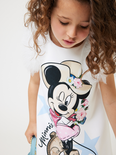 Monnalisa Kids' X Disney Minnie Mouse-print Dress In White + Rosa Fairytale
