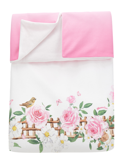 Shop Monnalisa Rose Print Cotton Blanket In Pink + White