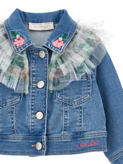 Monnalisa Denim Jacket With Ruffles In Stone Bleach