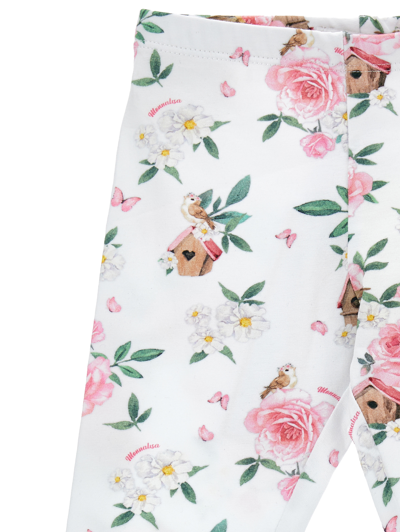 Monnalisa Floral Print Cotton Leggings In White + Multicolor