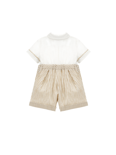 Monnalisa Linen Romper With Bow Tie In White + Ecru