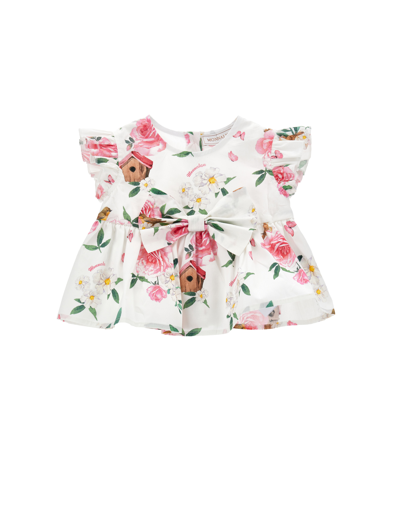 Monnalisa Printed Poplin Top In White + Multicolor