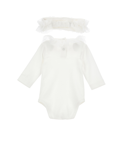 Monnalisa Cotton And Tulle Suit Three Pieces In Cream
