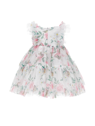 Monnalisa Floral Tulle Dress In White + Multicolor