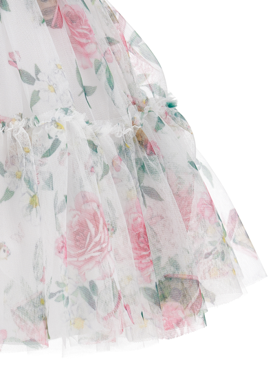 Monnalisa Floral Tulle Dress In White + Multicolor