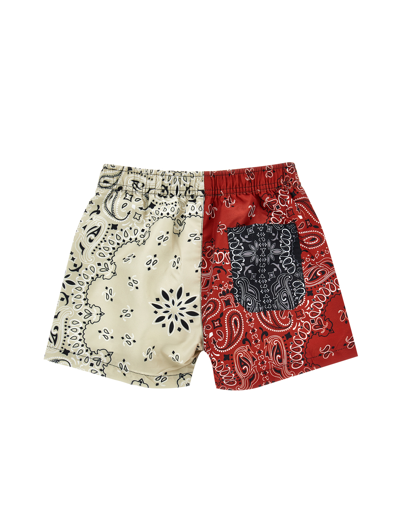 Monnalisa Two-tone Paisley Beach Bermuda Shorts In Beige + Red