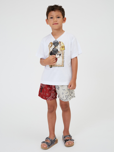 Monnalisa Two-tone Paisley Beach Bermuda Shorts In Beige + Red