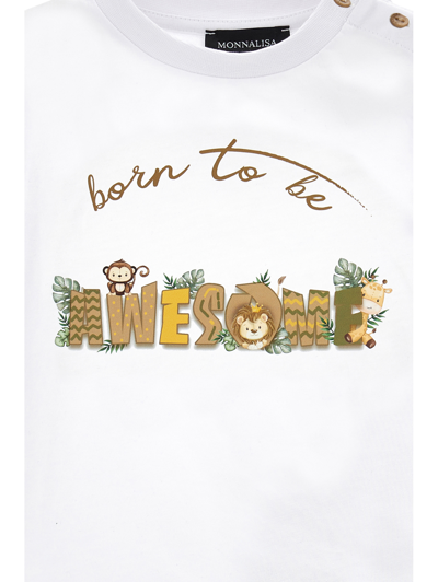 Monnalisa Safari Jersey T-shirt In White + Ecru