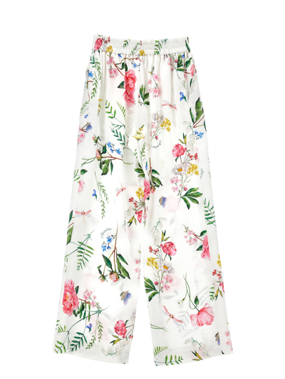 Monnalisa Botanical Satin Trousers In Cream + Multicolor
