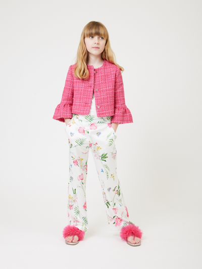 Monnalisa Botanical Satin Trousers In Cream + Multicolor