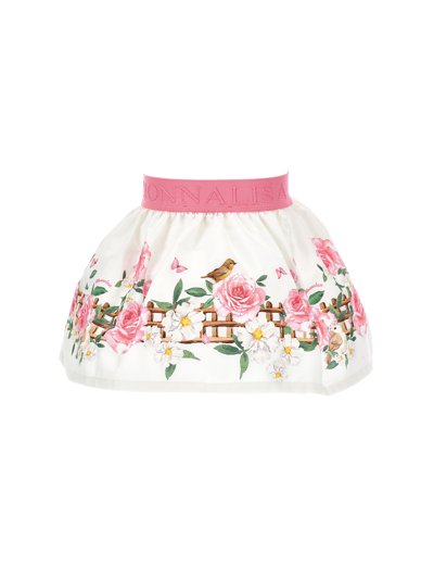 Monnalisa Popeline-rock Mit Vogelmotiv In White + Multicolor