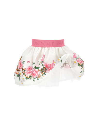 Monnalisa Popeline-rock Mit Vogelmotiv In White + Multicolor