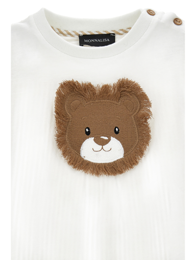 Monnalisa Cotton T-shirt With Lion In White + Ecru