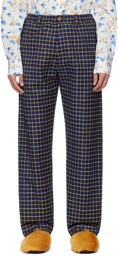 Shop Marni Navy Checked Trousers In Blumarine
