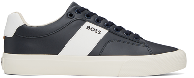Shop Hugo Boss Navy & Off-white Cupsole Contrast Band Sneakers In Dark Blue 401