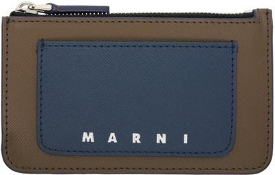 Shop Marni Navy & Taupe Saffiano Leather Card Holder In Zo720 Night Blue/dus