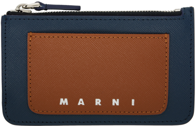 Shop Marni Navy & Brown Saffiano Leather Card Holder In Zo719 Moca/night Blu
