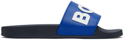 Shop Hugo Boss Navy Raised Logo Slides In Medium Blue 425