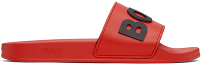Shop Hugo Boss Red Raised Logo Slides In Light/pastel Red 630