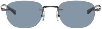 Shop Montblanc Gunmetal & Blue Rectangular Sunglasses In Ruthenium-ruthenium-