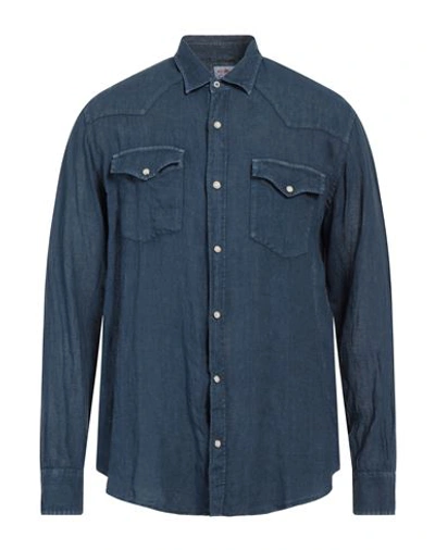 Shop Mc2 Saint Barth Man Shirt Navy Blue Size Xxl Linen
