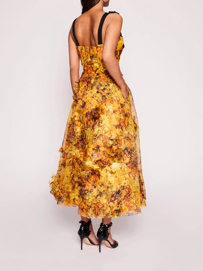 Shop Marchesa Foiled Garden Midi Dress In Yellow/gold