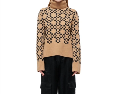 Shop Jonathan Simkhai Charlenne Logo Pattern Sweater In Camel/black In Beige