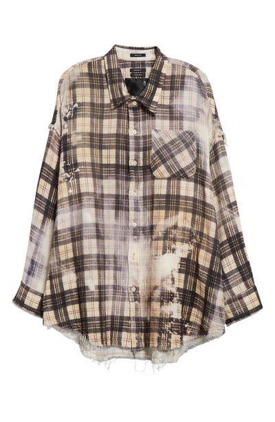 Shop R13 Shredded Seam Bleached Plaid Oversize Cotton Flannel Button-up Shirt In Bleached Black/ Beige Plaid