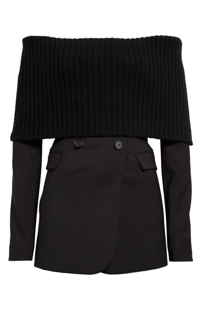 Shop Monse Mixed Media Long Sleeve Stretch Wool Blazer Dress In Black