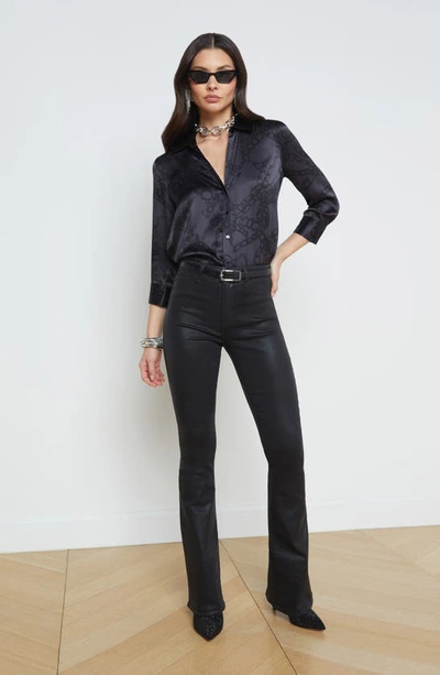Shop L Agence Dani Three-quarter Sleeve Silk Button-up Shirt In Black Allover Chain