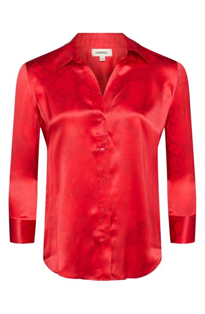Shop L Agence Dani Three-quarter Sleeve Silk Button-up Shirt In Red All Over Chain