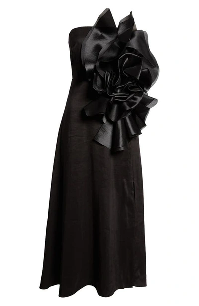 Shop Aje Energy Strapless Ruffle Midi Dress In Black