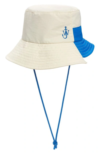 Shop Jw Anderson Asymmetric Brim Bucket Hat In White/ Blue
