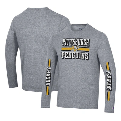 Shop Champion Heather Gray Pittsburgh Penguins Tri-blend Dual-stripe Long Sleeve T-shirt