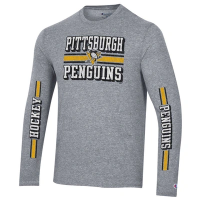 Shop Champion Heather Gray Pittsburgh Penguins Tri-blend Dual-stripe Long Sleeve T-shirt