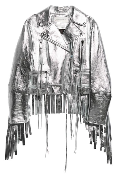 Shop Alexander Mcqueen Fringe Metallic Leather Biker Jacket In Silver
