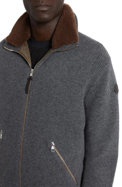 Shop Moncler Wool Down Cardigan With Removable Genuine Shearling Trim In Silver Gray Melange