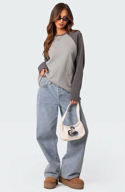 Shop Edikted Me Time Oversize Raglan Sleeve Waffle Knit Top In Gray Melange
