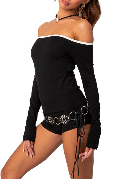 Edikted Captain Off The Shoulder Long Sleeve Top In Black-and-white