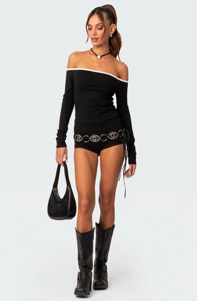 Edikted Captain Off The Shoulder Long Sleeve Top In Black-and-white