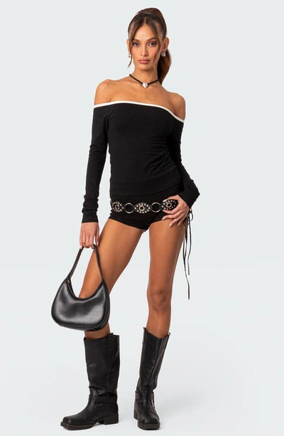 Edikted Captain Off The Shoulder Long Sleeve Top In Black-and-white