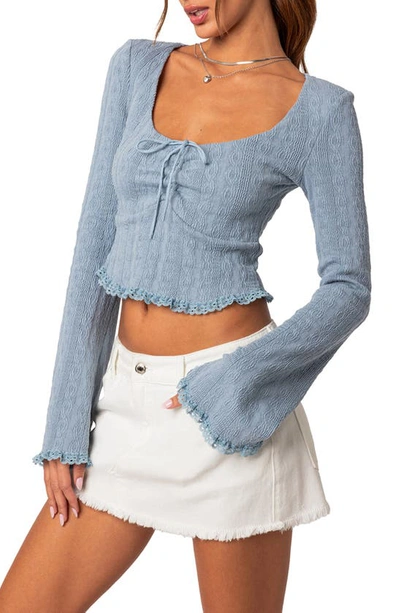 EDIKTED EDIKTED LACEY RUCHED BELL SLEEVE STRETCH COTTON CROP TOP 