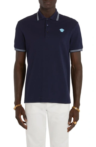 Shop Versace Tipped Embroidered Medusa Cotton Piqué Polo In Navy Blue